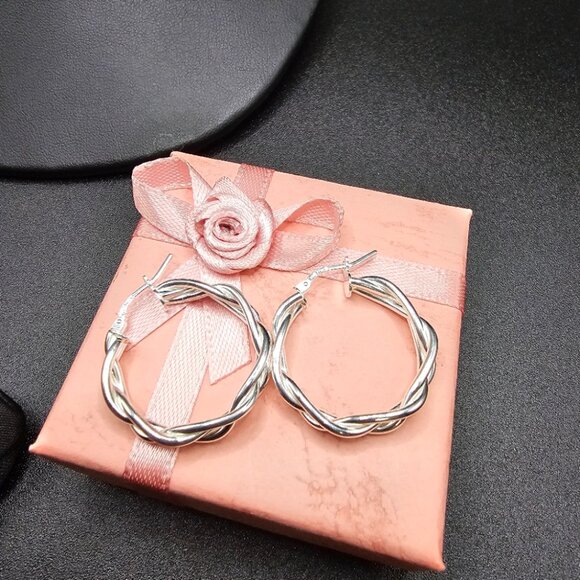 Sterling Silver 925 High Polished Weave Hoop Earrings Inner 21mm - Picture 2 of 10